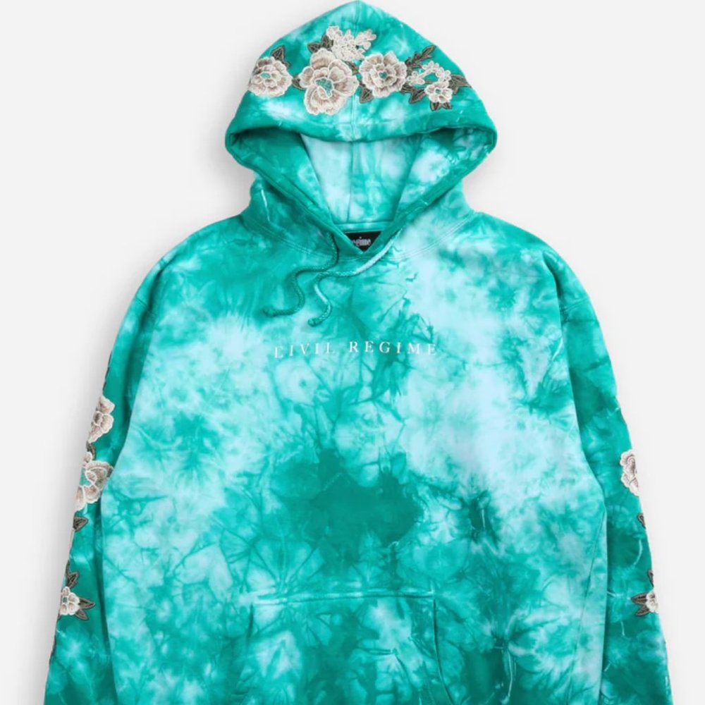 Teal Marble Roses Embroidered Civil Regime Hoodie, Unisex M